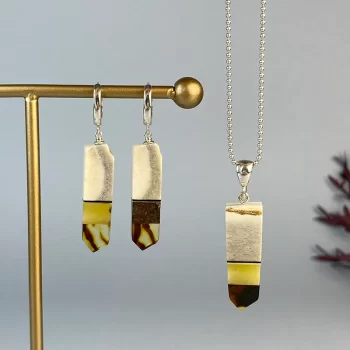 Adorable set of elk antler and yellow speckled amber earrings and necklace