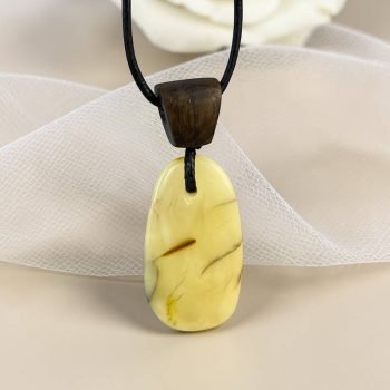 Blizgaus gelsvo gintaro su ąžuolo detale kaklo pakabukas